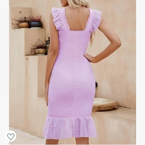 NWT FARORO Bodycon Casual Puff Sleeve Smocked Midi Dress - Picture 2 of 10